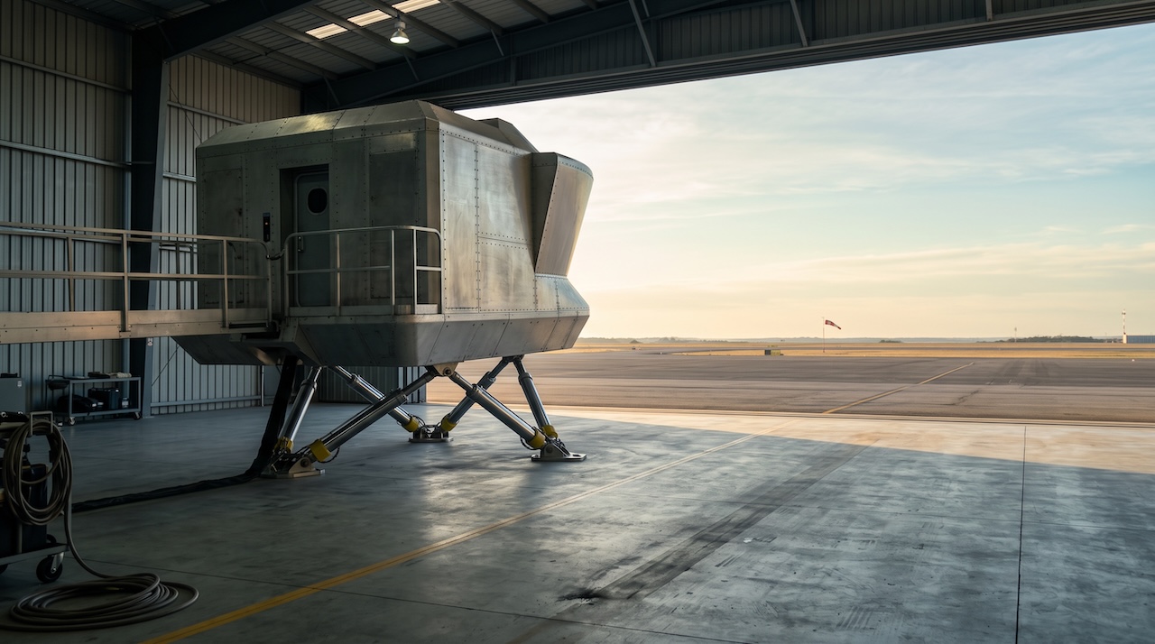 A flight simulator parked in a hangar facing an open door onto a runway and horizon