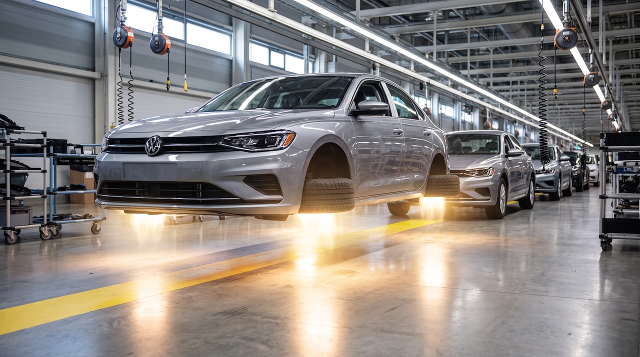 A finished sedan hovering above the floor of an automotive assembly line, wheels folded up, while the cars around it rest on their tires