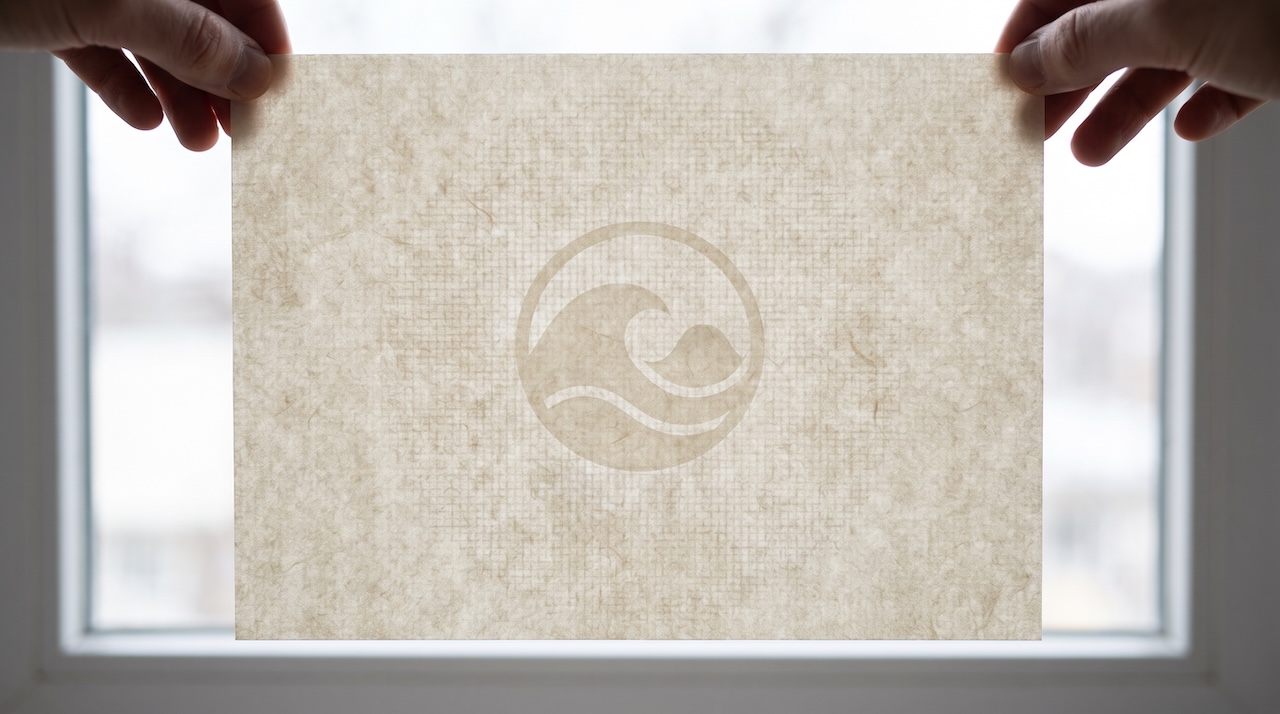 A blank sheet of laid paper held up to a bright window, revealing a papermaker&rsquo;s watermark in the fibres that is invisible in ordinary light