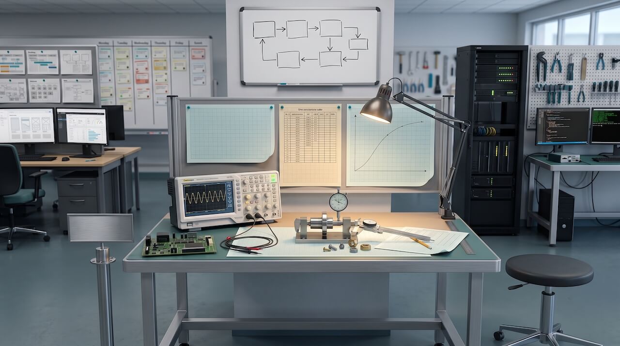 The same characterization bench from the series cover, now in service: the task lamp lit, a steady trace on the oscilloscope, the graph-paper data table filled in and its curve completed, calipers and a dial gauge measuring a machined part, with the product and engineering zones active on either side