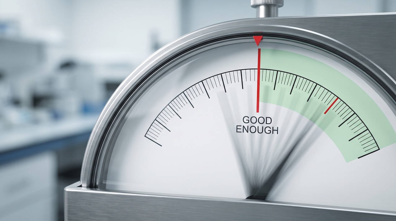 An analog precision gauge with a red line marked GOOD ENOUGH on its dial, the needle blurred in motion as it sweeps back and forth across the line without settling