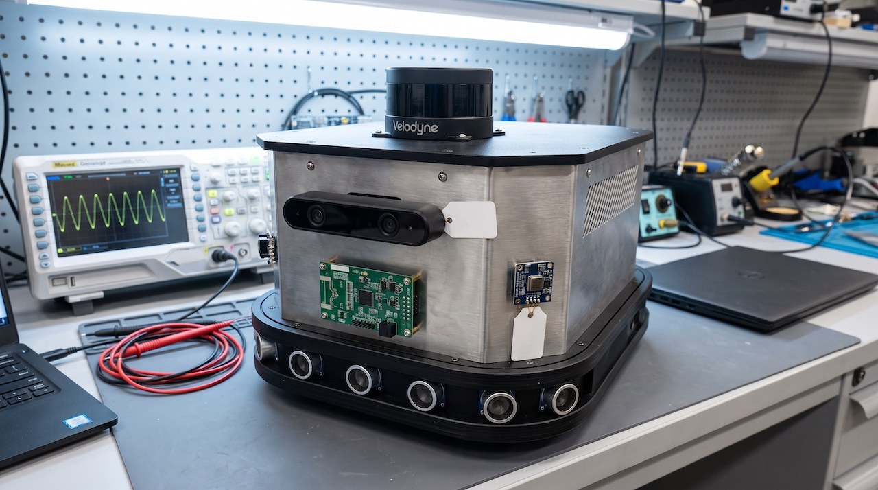 A realistic autonomous mobile robot on a lab bench, bristling with recognizable external sensors: a spinning LIDAR unit, stereo cameras, a radar module, an ultrasonic array, and a microphone array, each awaiting characterization, with no datasheets in sight