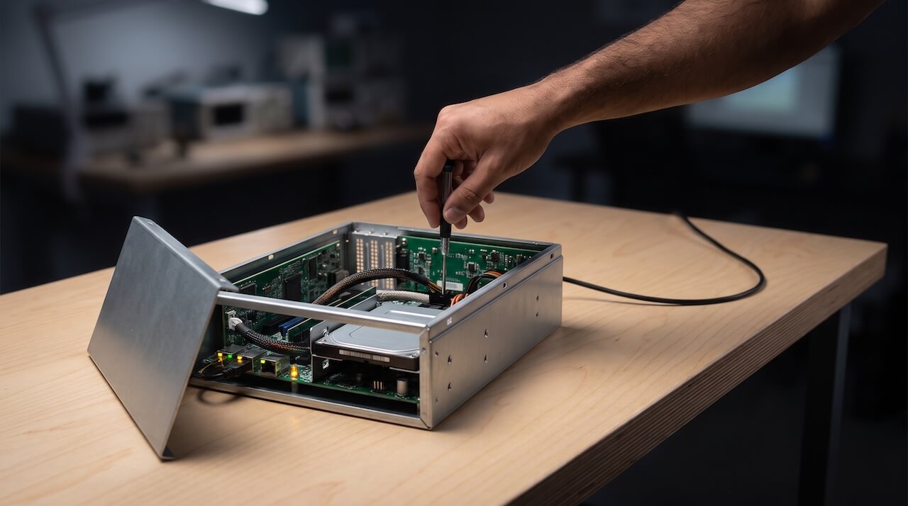 A hand reaches in with a screwdriver to adjust the exposed internals of an open server chassis on a workbench, its panel removed and leaning against it. A single cable runs off the desk into a dark, blurred background where nothing is identifiable.