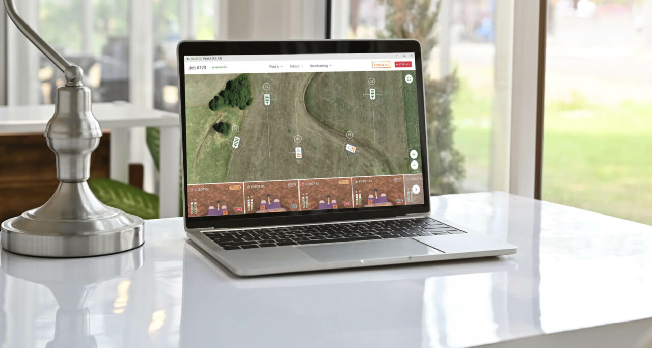 Agricultural robot management interface showing real-time field monitoring and video feeds