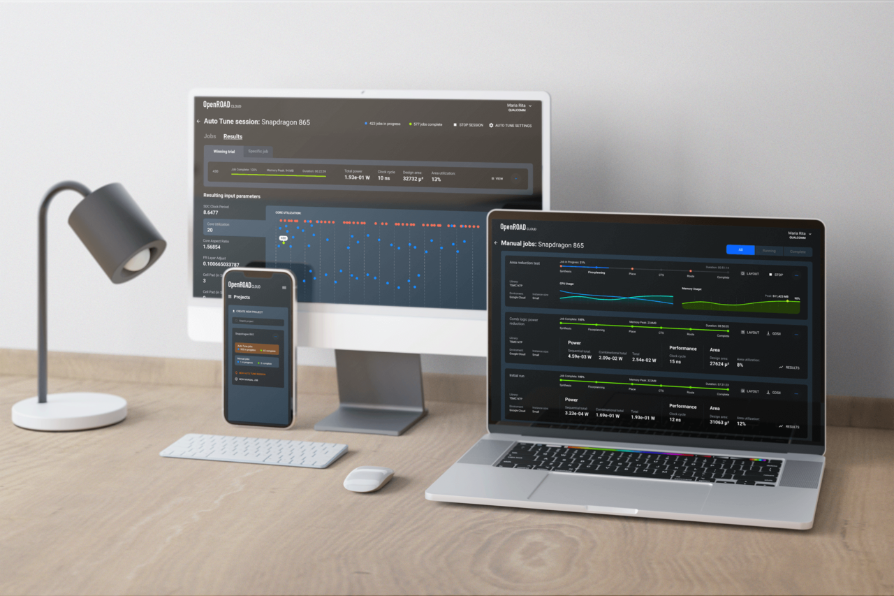OpenROAD Cloud interface showing chip design project configuration and monitoring