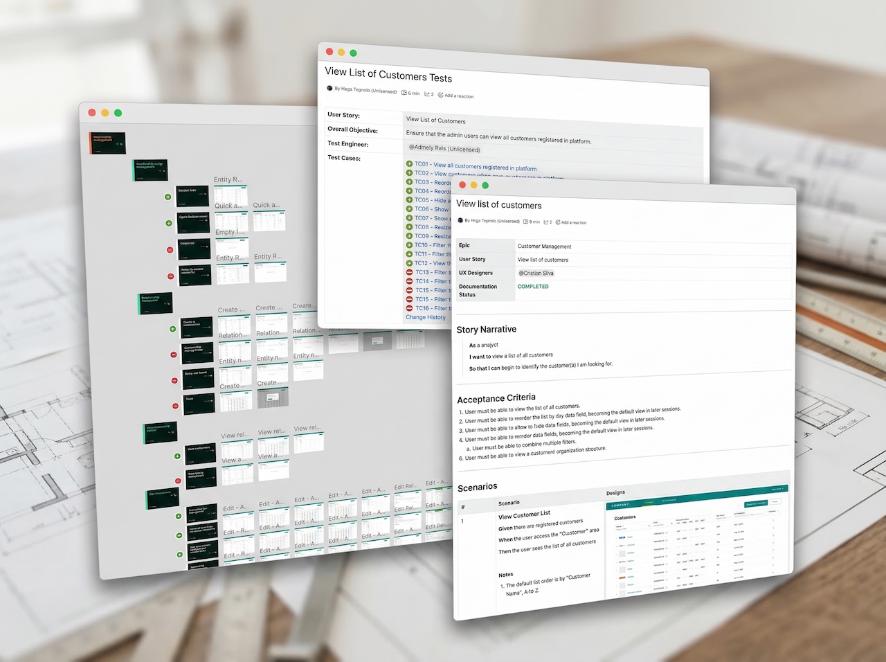 Planorama deliverables: UI designs, user stories with acceptance criteria, and test case documentation